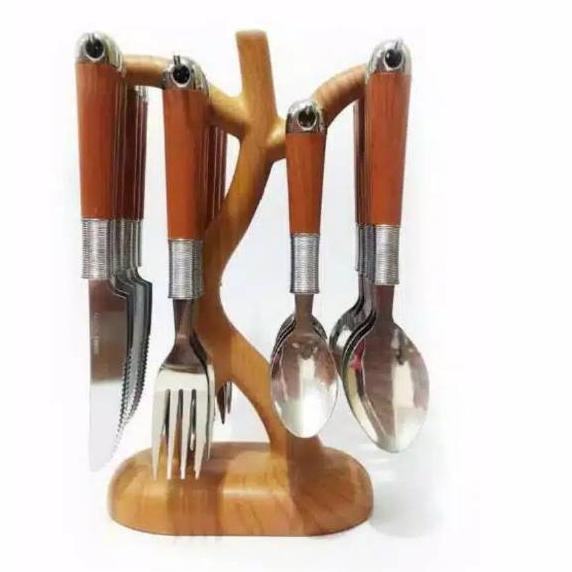 Rekomendasi SENDOK MAKAN KAYU SET TEMPAT SENDOK KAYU UNIK GANTUNG STAINLESS POHON SET 24 PCS