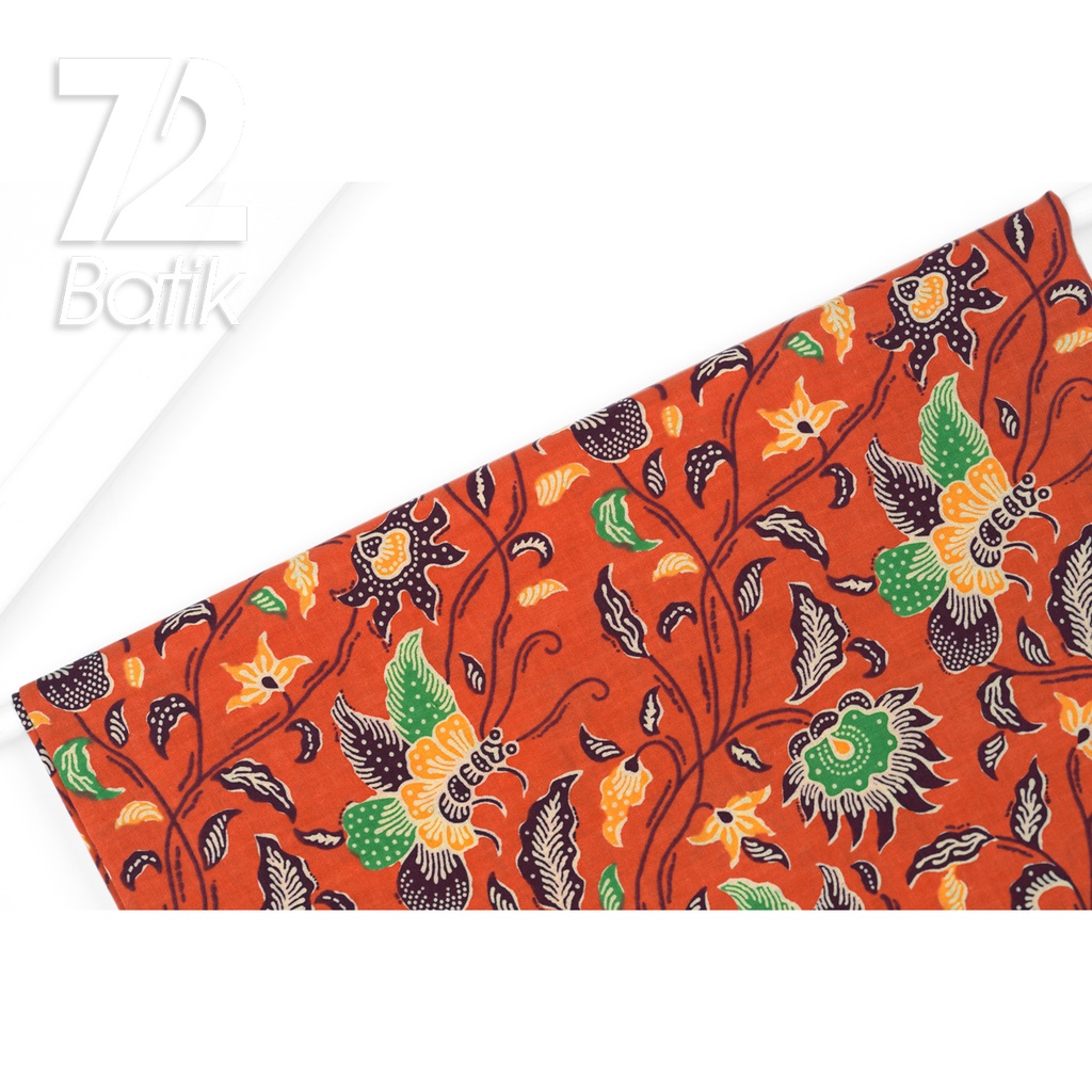 KAIN BATIK KATUN Premium Motif Kembang Kupu Warna Orange 723002 Cap 72IL Jarik Jarit Samping Kebat Panjang Batik Katun Modern Premium Bahan Seragam Batik Pernikahan Kantor Keluarga Murah Kamen Jadi Batik Bali Lembaran