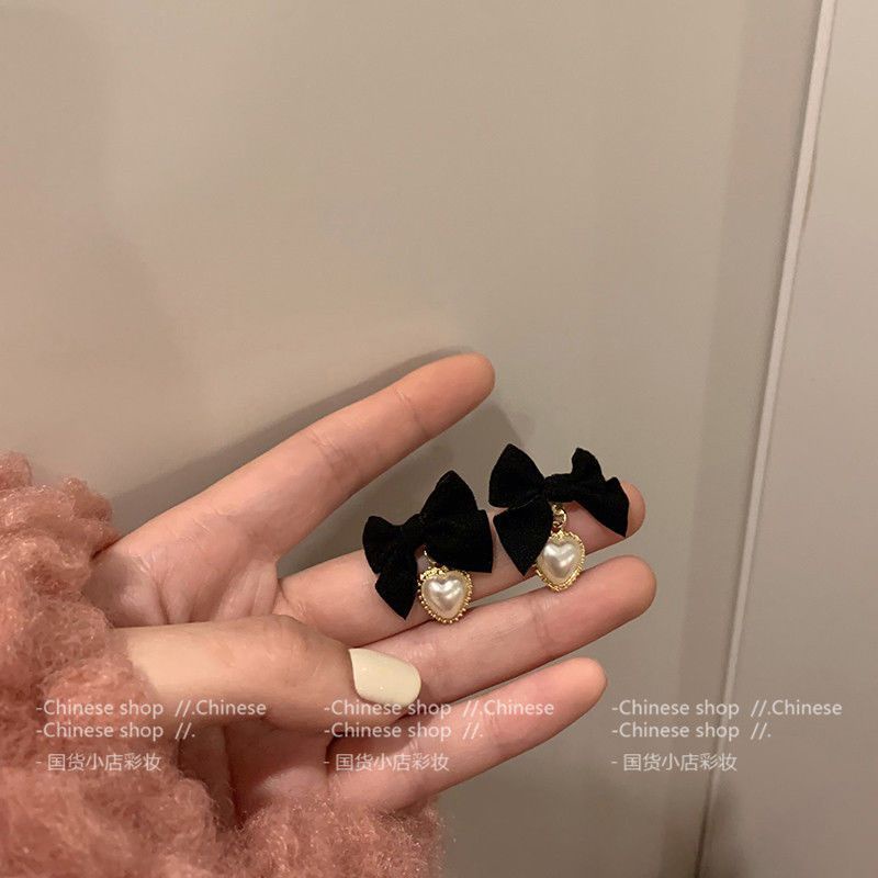 Anting Drop Mutiara Hati Mewah Anting Tusuk Bentuk Busur Warna Hitam Untuk Aksesoris Perhiasan Wanita