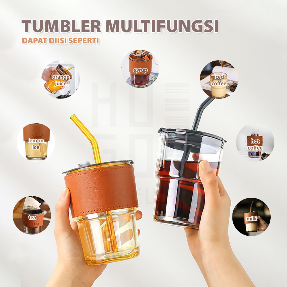 HUGO Tumbler Kaca 400 ml Gelas Minum Kaca Bening Aesthetic Coffee Cup Anti Tumpah