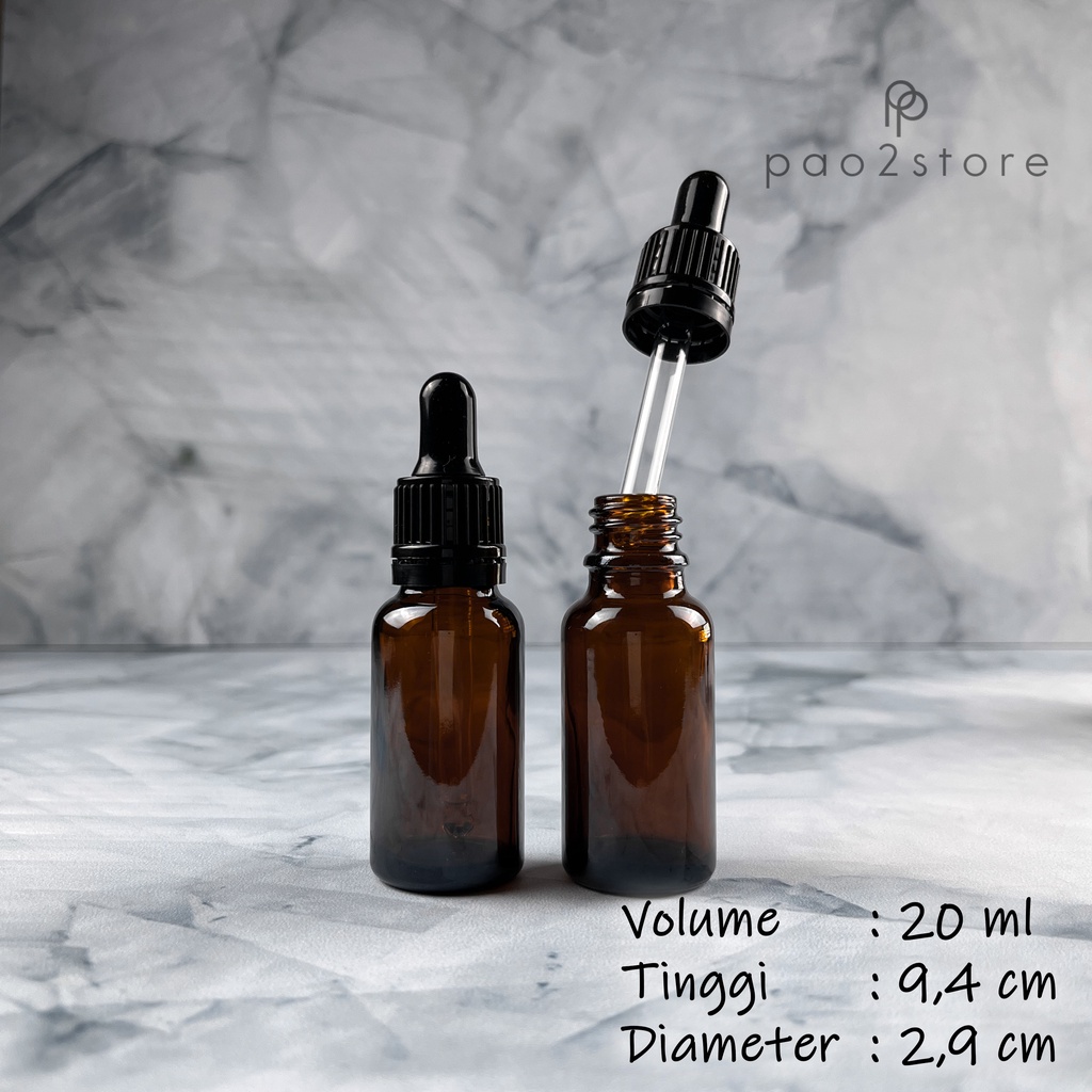 Botol Pipet 20ml Kaca Tebal Amber Coklat - Serum Tetes Pipette - Ring Hitam Garis Segel Seal