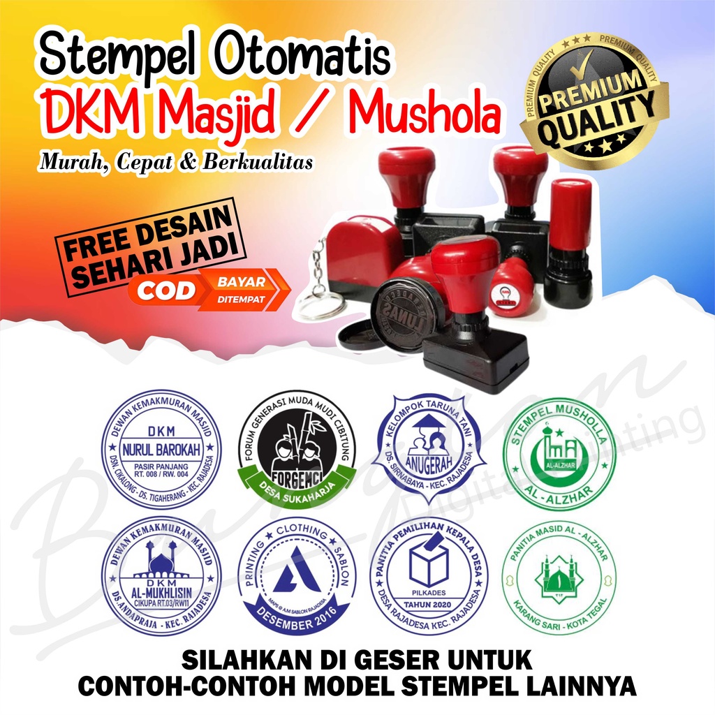 

Stempel Otomatis DKM Masjid, Stempel Toko, Stempel Lunas, Stempel Sekolah, Dll