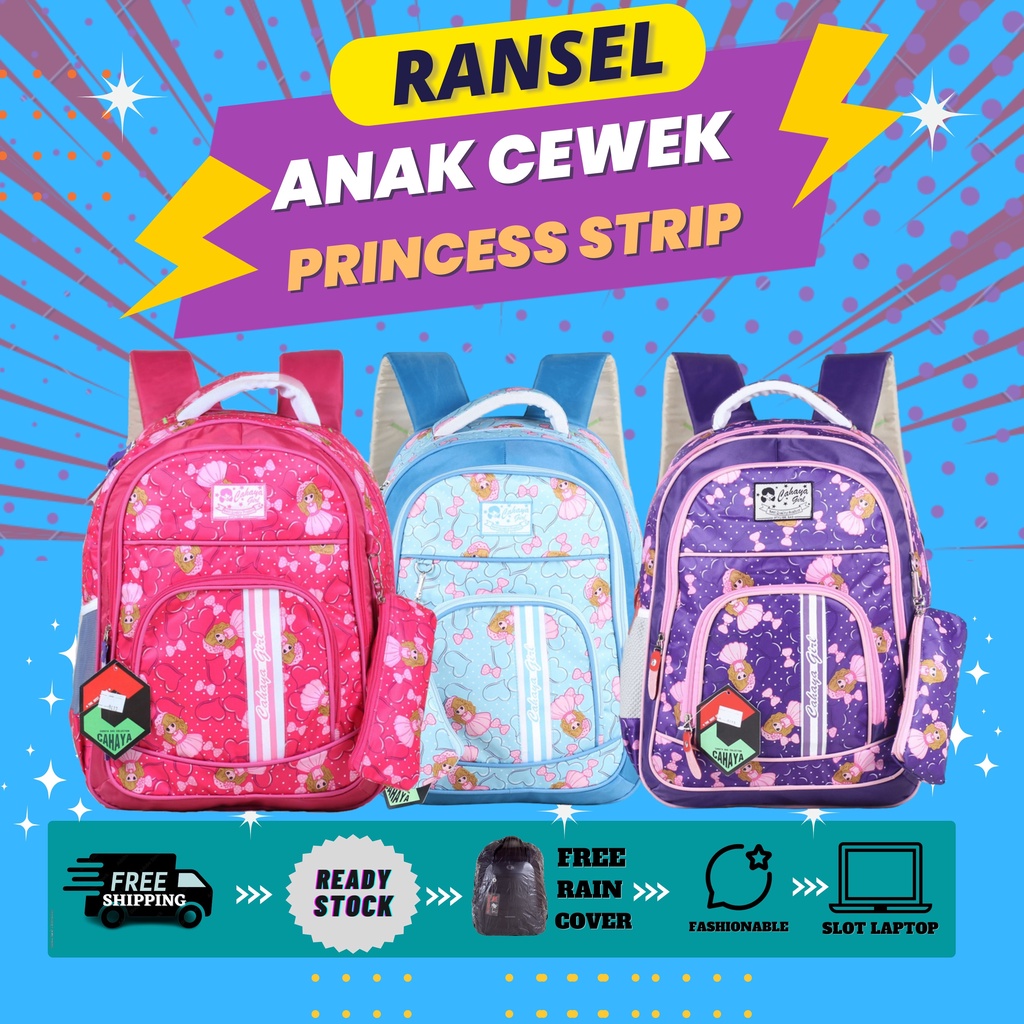 Jual Tas Anak Perempuan TK SD Ransel Gendong Cewek Cahaya Princess Stripe Cantik Lucu Keren Backpack Multifungsi