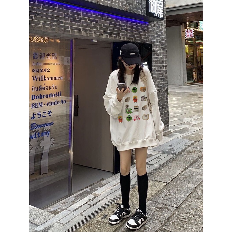 EUNII Sweater Lengan Panjang Cartoon Cat Bread Korean Style/Hoodie Oversize/Baju Wanita/Switer Wanita