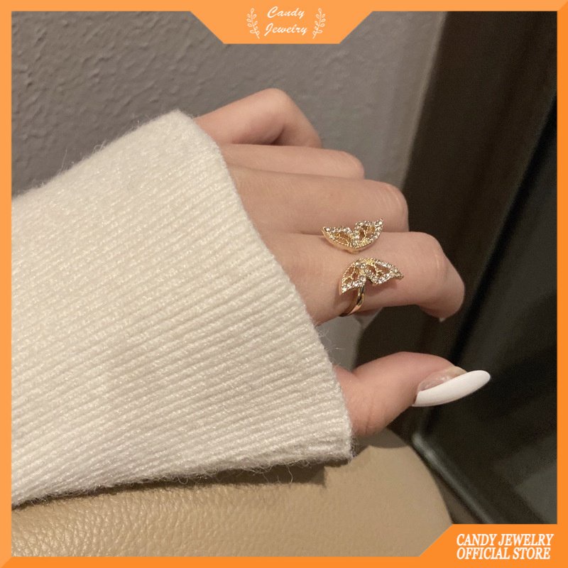 Cincin Model Terbuka Desain Kupu-Kupu Aksen Berlian Gaya Korea Untuk Wanita