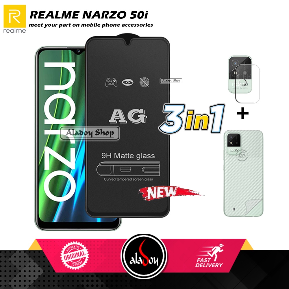 Paket 3IN1 Tempered Glass Layar Matte Anti Glare Realme Narzo 50i Free Tempered Glass Camera dan Skin Carbon