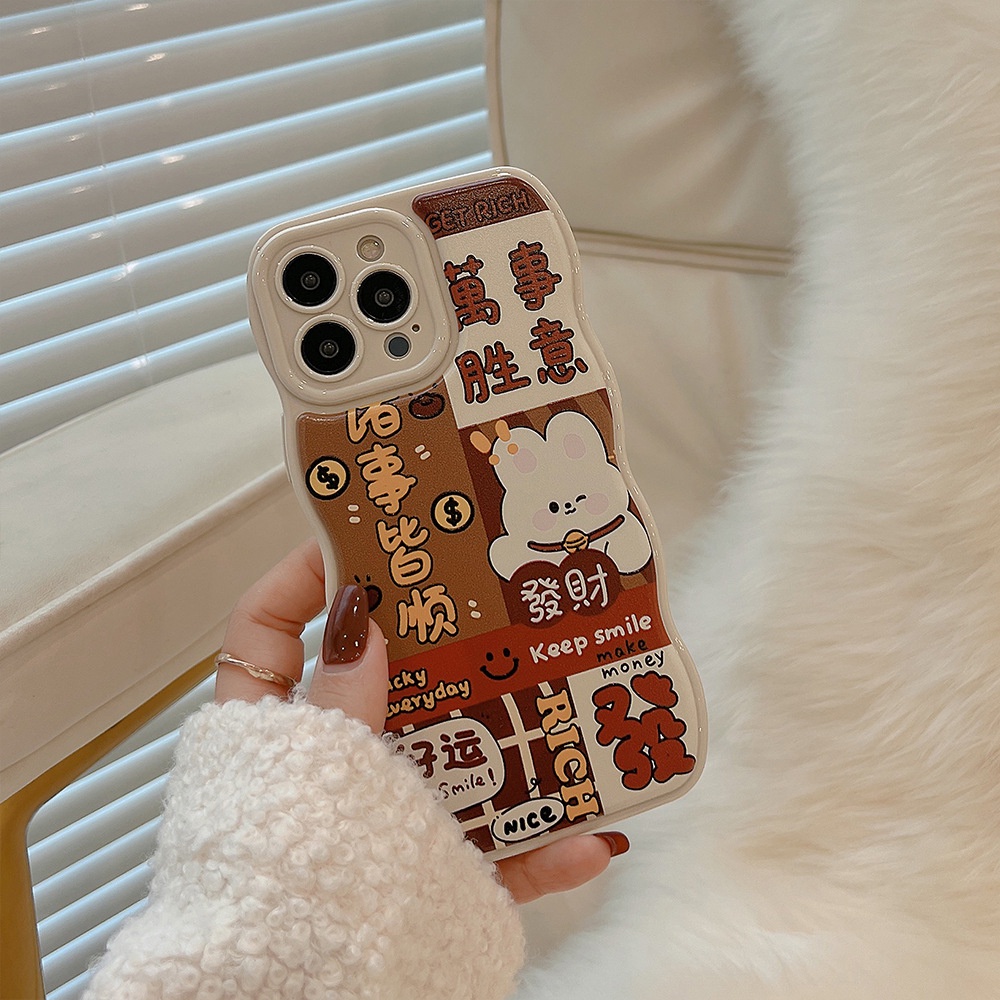 2023tahun Baru Cina Bergelombang Tepi Lucu Get Rich Rabbit Kartun Silikon Case Untuk Iphone 14 11 12 13 PRO MAX Casing Cover Pelindung