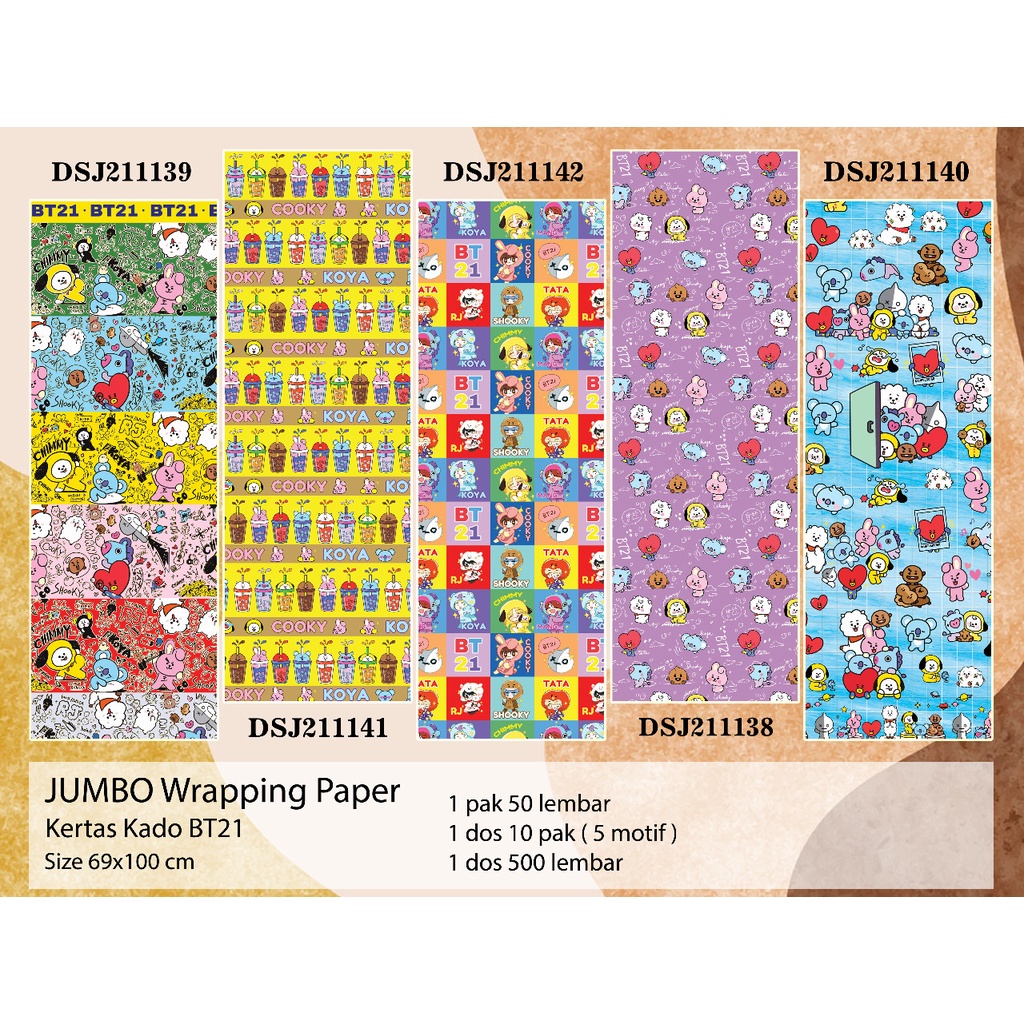 

Kertas kado Jumbo BT21, kertas kado doff, wrapping paper, kertas kado korea, kertas kado karakter