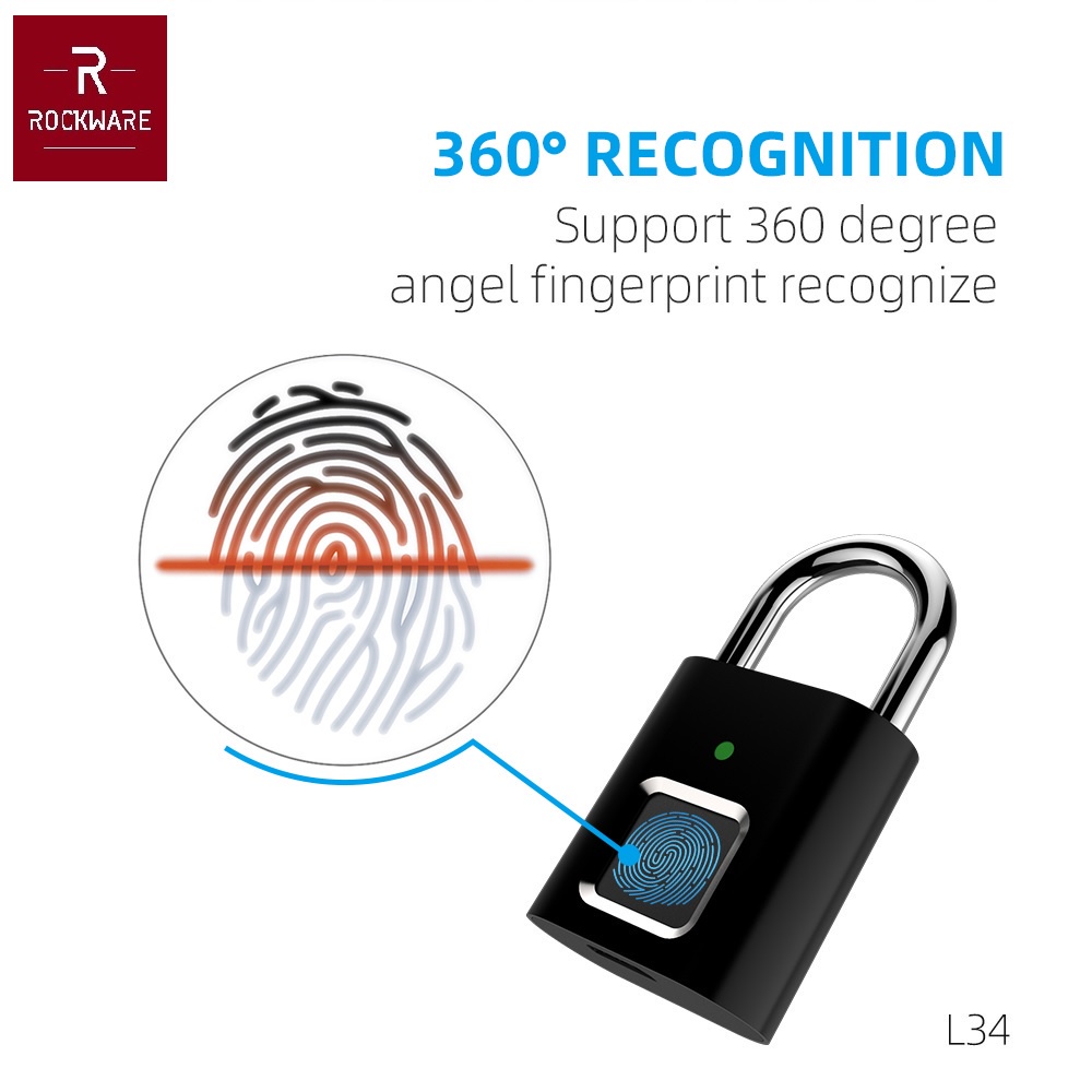 AKN88 - ROCKWARE RW-L34 Mini Fingerprint Lock - Gembok Kecil Sensor Sidik Jari