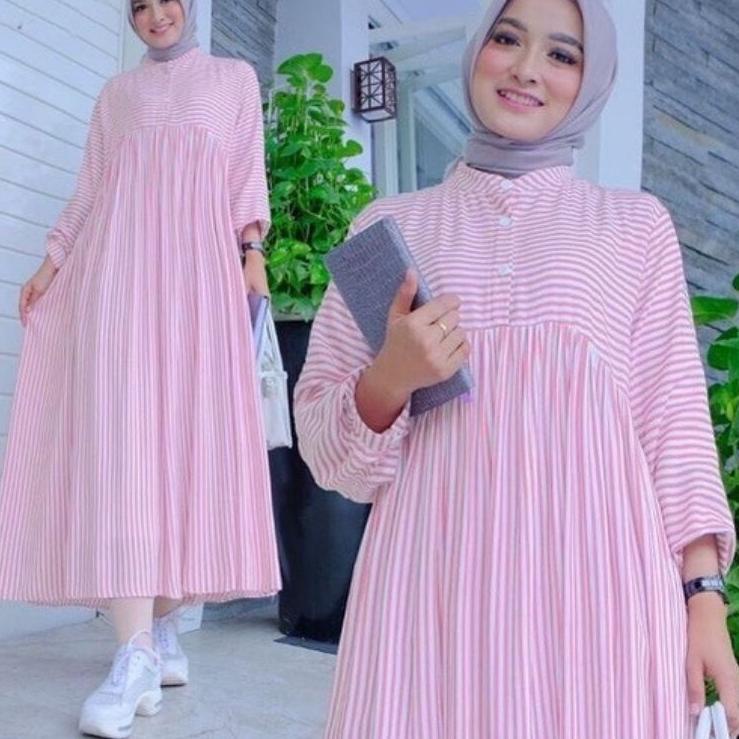 ╔║╗ DRESS MIDI MOTIF DRESS POLOS KATUN BAJU GANTUNG TERLARIS SEMI DRESS GARIS-GARIS OUTFIT STRIP WAN