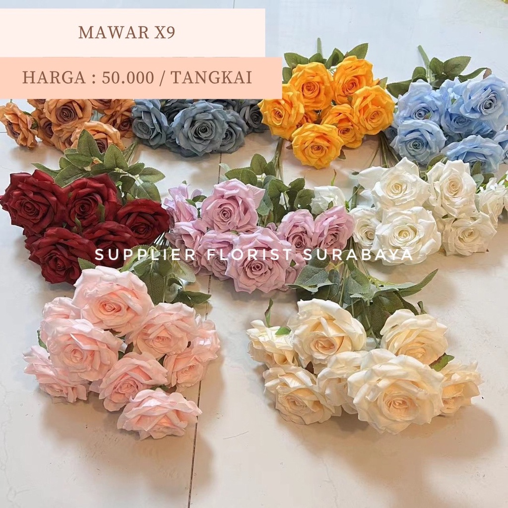 BUNGA PALSU MAWAR PREMIUM CABANG 9 ARTIFICIAL FLOWER DECORATION DEKORASI BACKDROP BUNGA IMITASI BUNGA HIAS BUNGA KAIN BUNGA MAWAR MEKAR