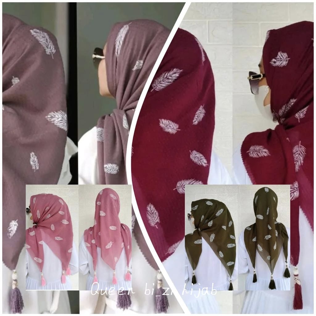 Hijab Segi Empat Voal Motif Bulu Merak  / Segi Empat Motif Bulu Merak Tassel Mutiara / Hijab Motif O