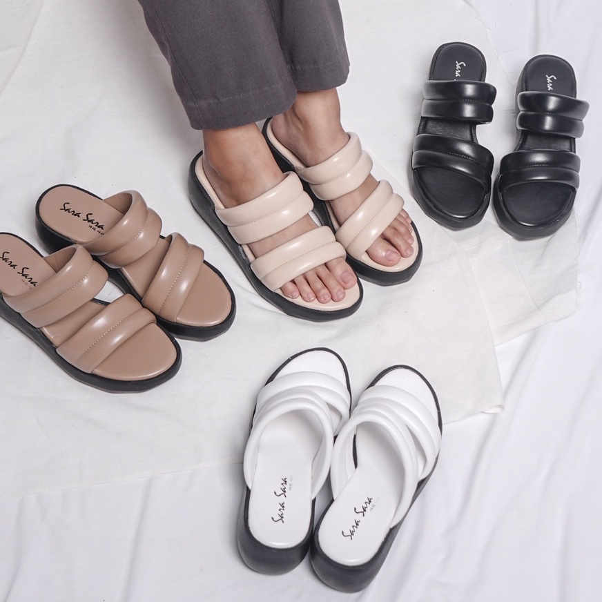 SARASARA YUK - GAIA Sandal Wanita Wedges Tinggi 5cm Size 36 - 40 Casual Sendal Cewek Platform 37 38 39 untuk Jalan Pergi Santai Slop Warna Black Hitam Putih White Selop Premium Original Sara Sara Kekinian Terbaru Shoes ORI Mall Official Store