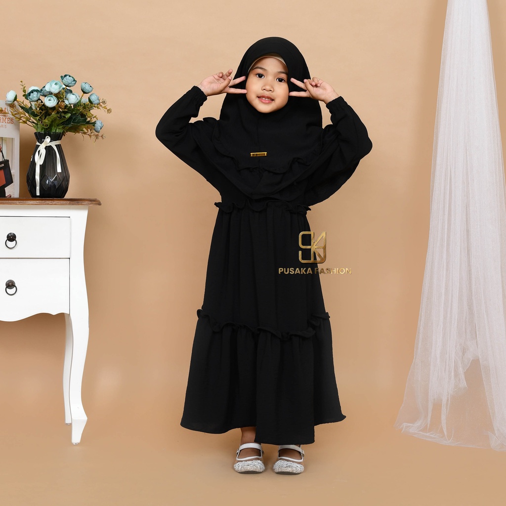 JIIRA baju gamis syari anak perempuan cringkle fashion muslim terbaru  FREE hijab khimar modern dres stelan kerudung serut susun 4 - 9 tahun manasik mengaji maulid nabi warna putih tulang hitam bata lilac lemon pink fuchia moca sagr green olive kekinian