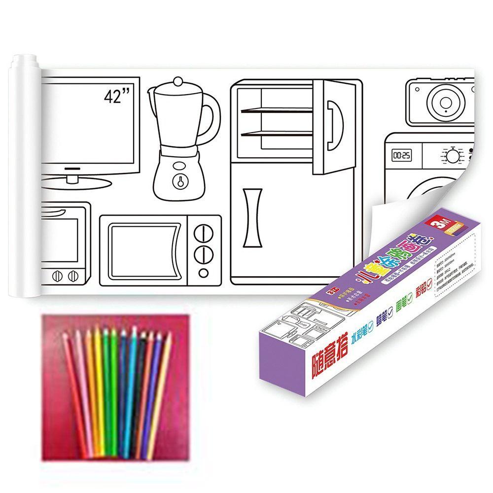 R-flower Children's Drawing Roll Daily Goods Theme DIY Painting Drawing Color Filling Paper Drawing &amp; Perlengkapan Seni Dengan 12warna Pensil