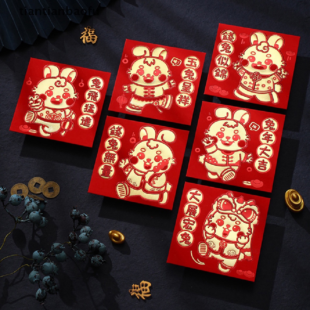 [tiantianbaofu] 6 Pcs Tahun Baru Cina 2023tahun Kelinci Amplop Merah Persegi Pribadi Kreatif Festival Musim Semi Kantong Uang Hongbao Merah Hadiah Amplop Butik