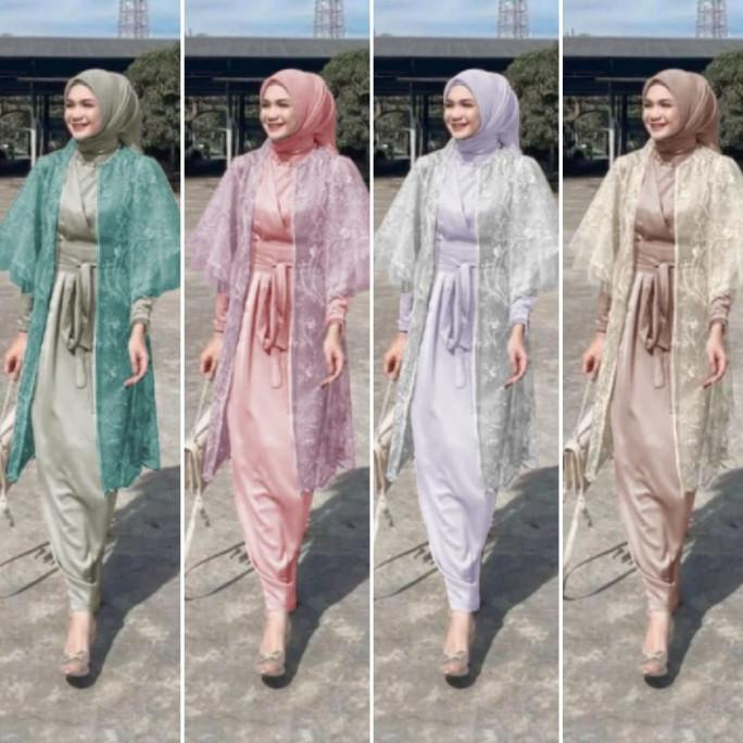Maxi Dress Brukat Free Set Cardi Cardigan Baju Pesta Kondangan Wanita