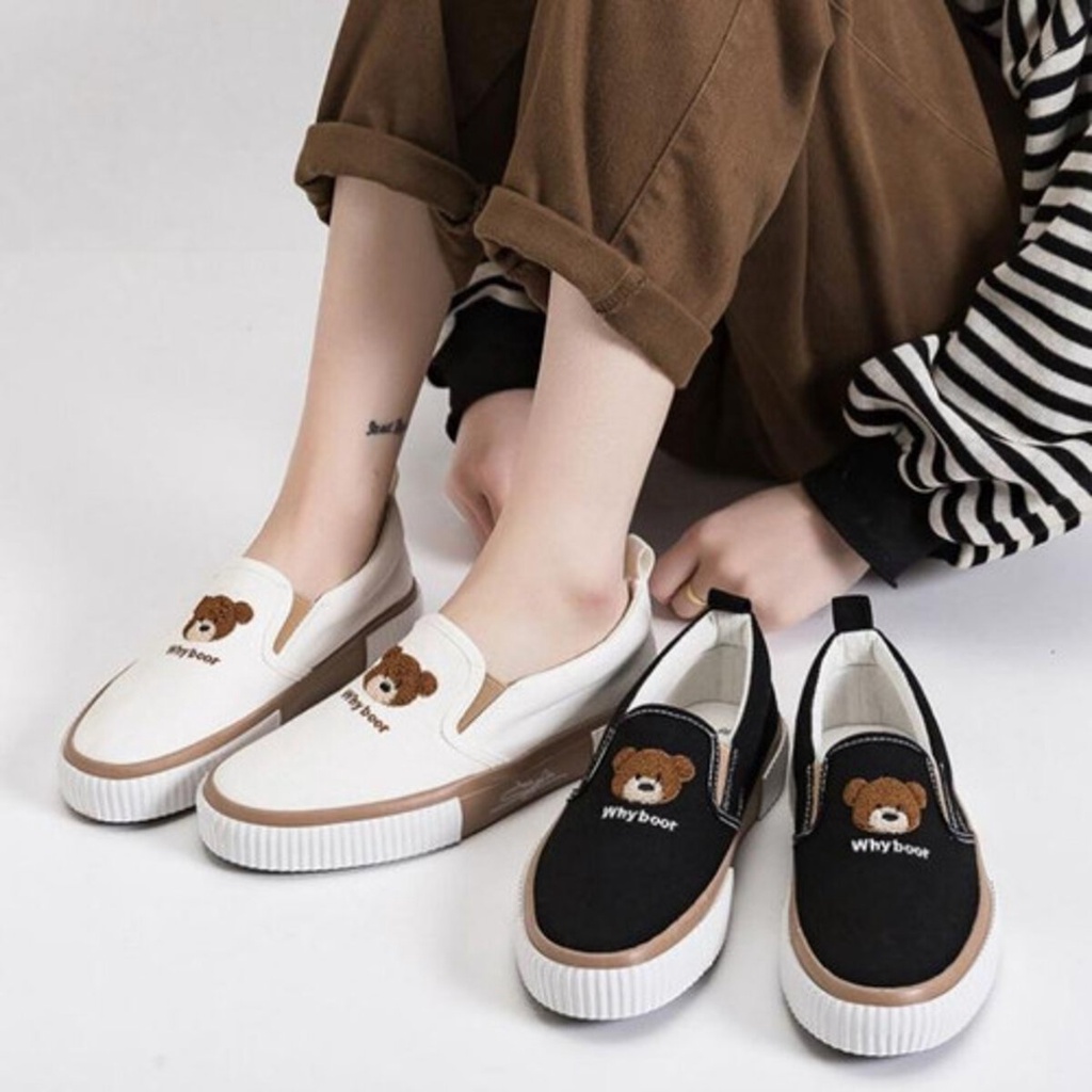 Sepatu slip on wanita why bear kanvas hitam