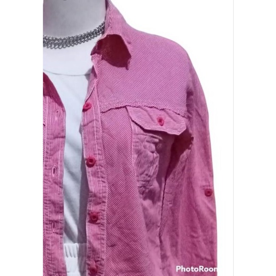 Lexa Pink m2c Kemeja Panjang Wanita Pink Merah Muda Garis Putih White