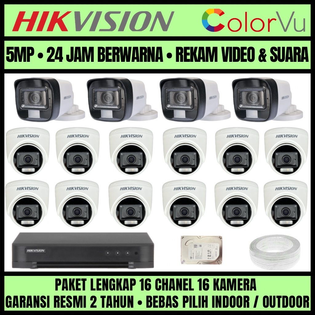 PAKET CCTV HIKVISION COLORVU 3K 5MP 16 CHANNEL 16 CAMERA KAMERA CCTV COLORFUL