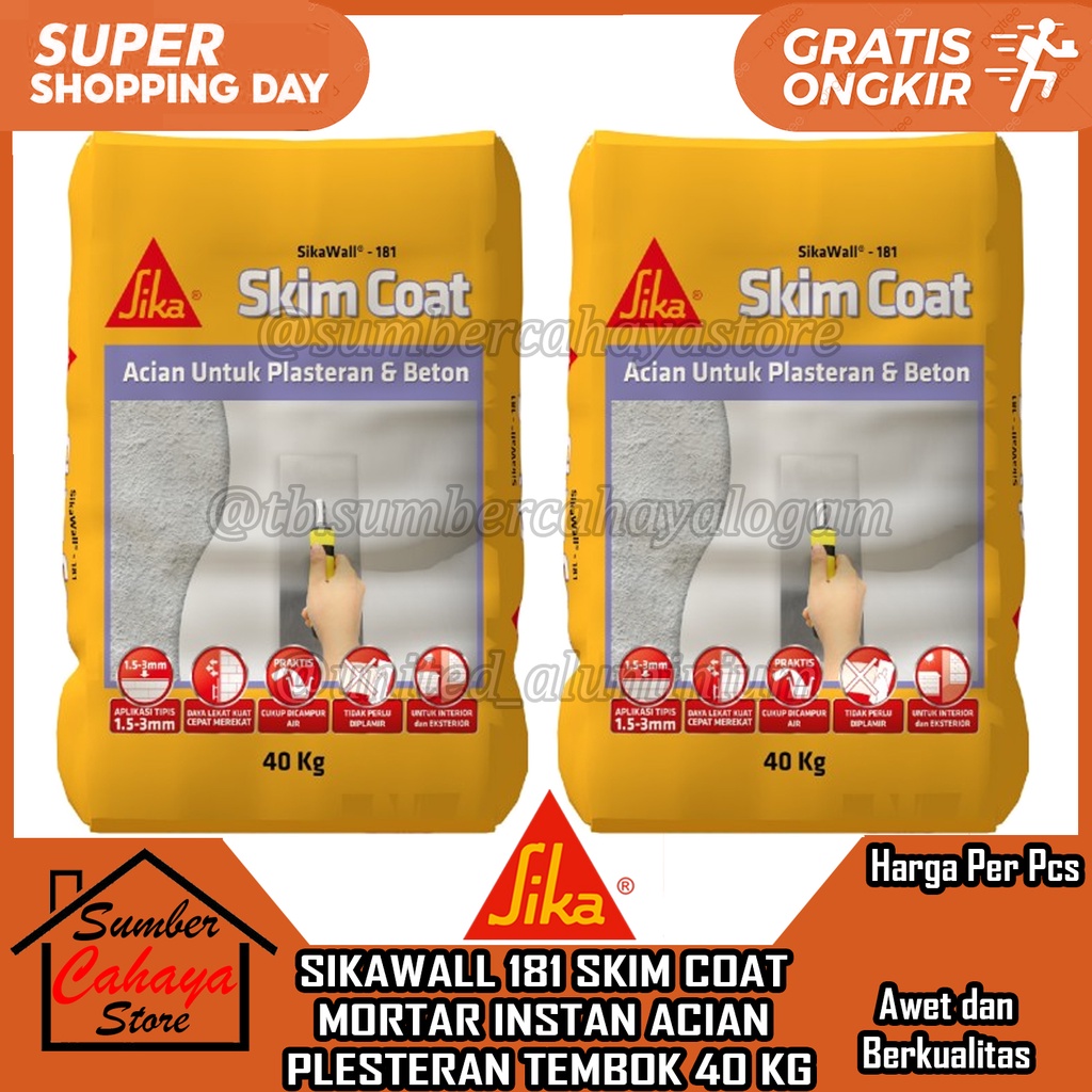 SIKAWALL 181 SKIM COAT MORTAR INSTAN ACIAN PLESTERAN TEMBOK 40KG SIKA WALL SKIMCOAT LAPISAN LAPIS PE