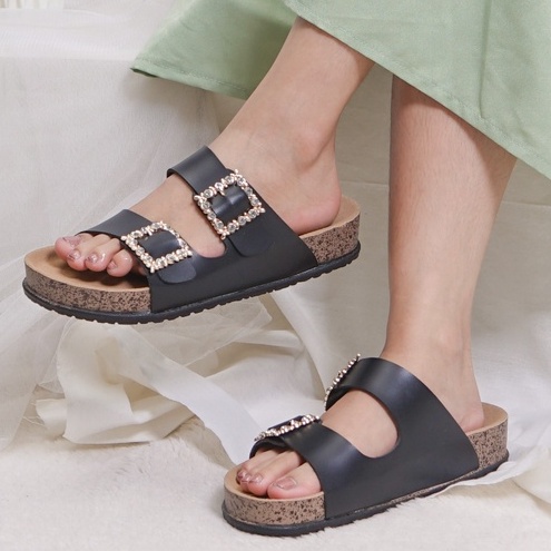 SARASARA YUK - KIMMY Sandal Wanita Slop Casual Size 36 - 41 Model Birken Sol Puyuh Sara Sara Sendal Cewek Kulit Santai Rumahan Strap Gesper dua Kristal Blink Empuk 37 38 39 40 Warna White Putih Selop Anti Slip Original Shoes ORI Mall Official Store