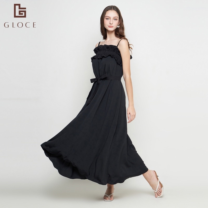 (shopee video) Auria long dress (full cotton furing) tali spageti adjustable dengan belt kain lepasa