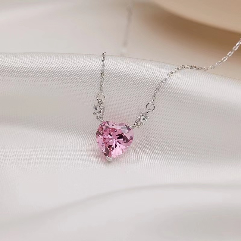 Pandora Kalung925 Perak Pink Cubic Zirconia Berlian Hati Liontin Kalung Wanita Fashion Perhiasan Aksesoris