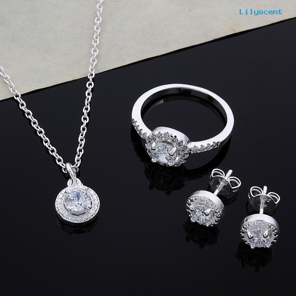 [LS] 1set Set Perhiasan Wanita Elegan Temperamen Mengkilap Berkilau Electroplating Berdandan Hadiah Cubic Zirconia Pendant Kalung Stud Anting Cincin Set Pernikahan Pernyataan