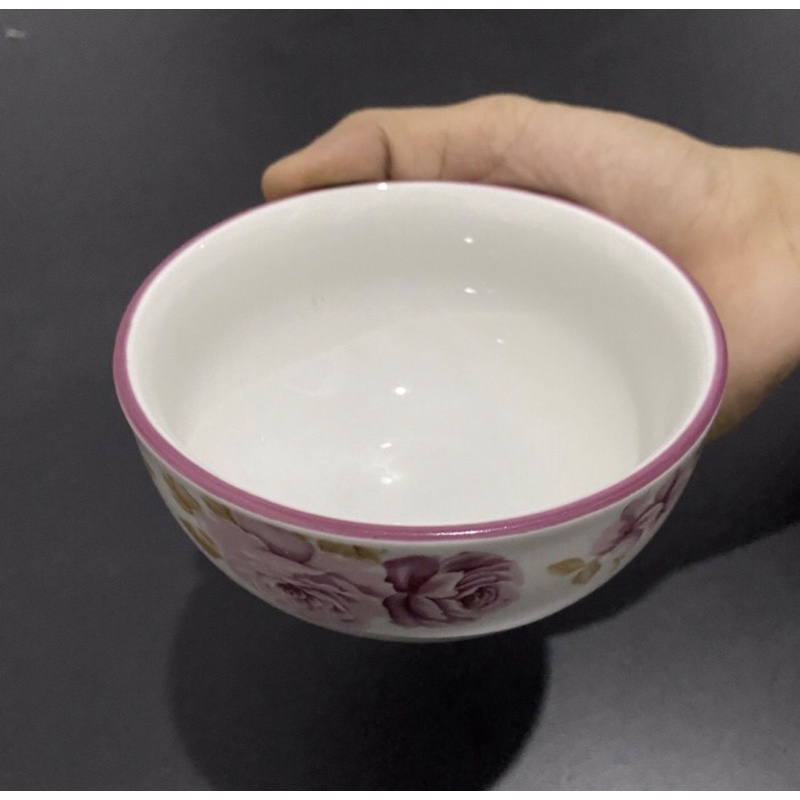 MANGKOK KERAMIK MOTIF PINK ROSSIE TEBAL SIZE 4 INCH - 1 LUSIN