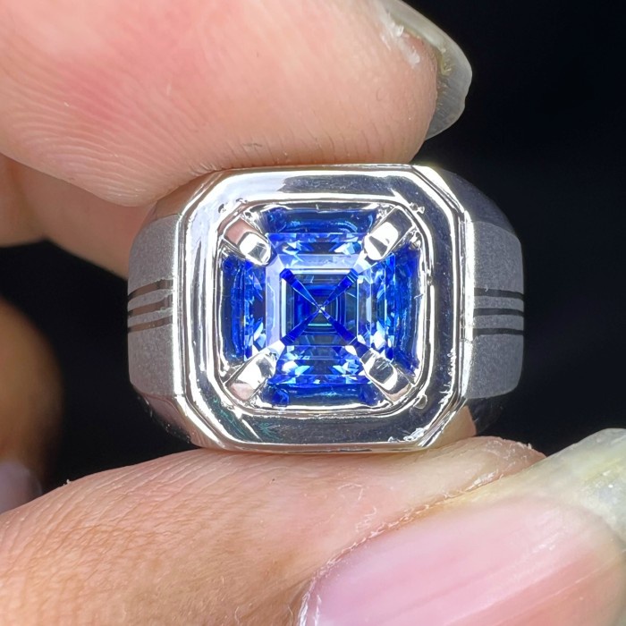 Cincin Diamond Blue Moissanite Ring Silver Handmade Elegant