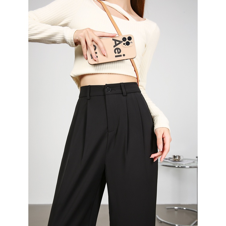 Hitam Celana Setelan Wanita Korean Highwaist Loose Celana Panjang Wanita Premium (Ada karet)