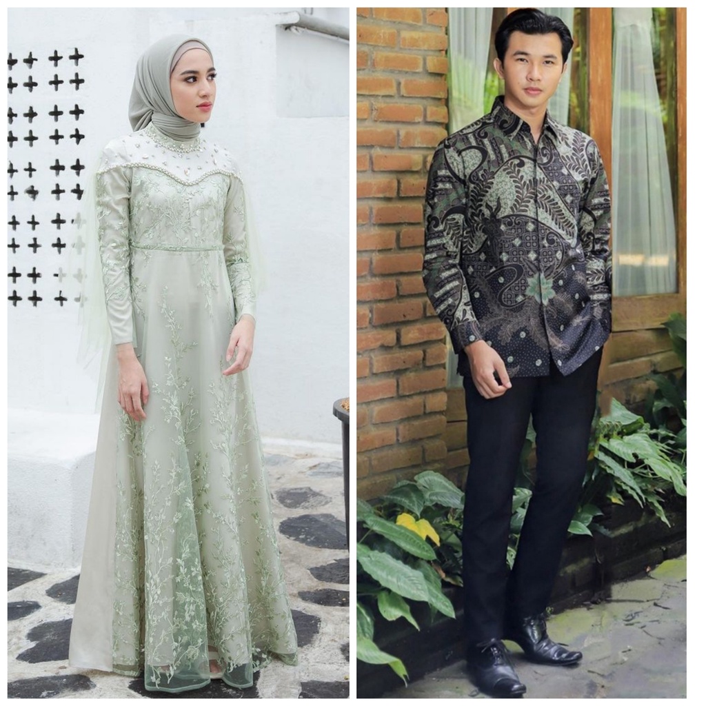 SHOPASHOP SOLO Batik Couple Dress Simple &amp; Elegan Kalista Payet mutiara mix tutu jaring &amp; kemeja batik pria Lengan panjang