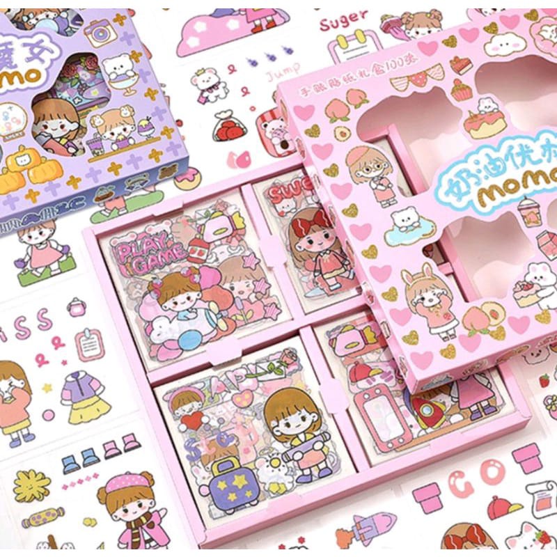 1BOX  STIKER 2D STIKER MOMO AESTHETIC CUTE WATERPROOF 1 BOX BESAR DAN 1 BOX KECIL STIKER MOMO