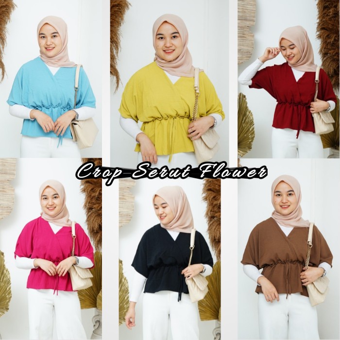 Best Quality Baju Atasan Wanita Crop Serut / Blouse Polos Korea Hitam Putih Terbaru