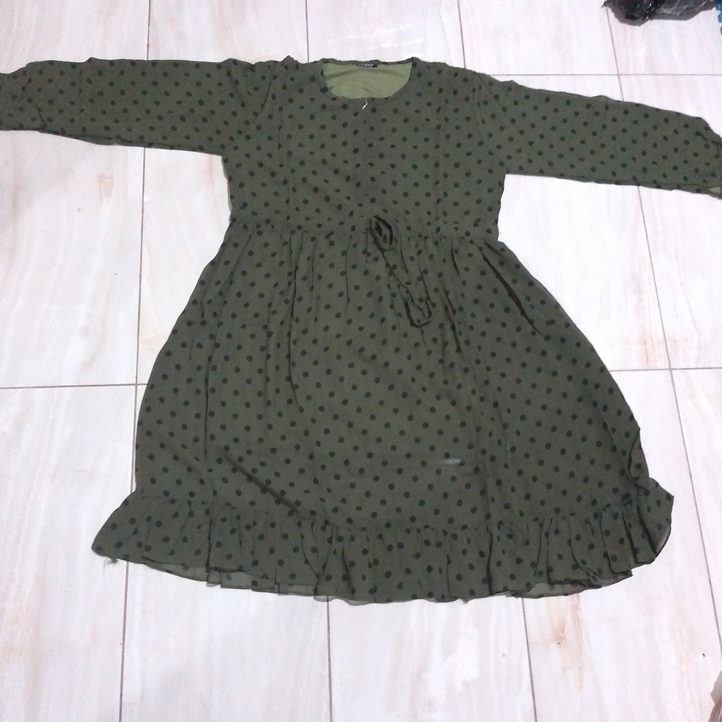 Tunik Ceruty Babydoll Motif Tali Serut Depan | Hijau Army
