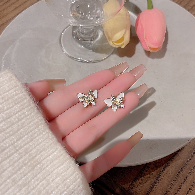 925jarum Perak Jarum Rasa Tinggi Lapisan Ganda Kupu-Kupu Anting-Anting Wanita Berlian Stud Earrings