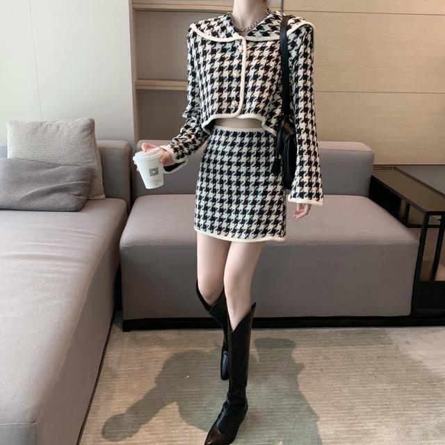 Suhao houndstooth mantel wol tas pinggang tinggi pinggul rok dua potong set wanita musim semi selebriti baru temperamen setelan dua potong