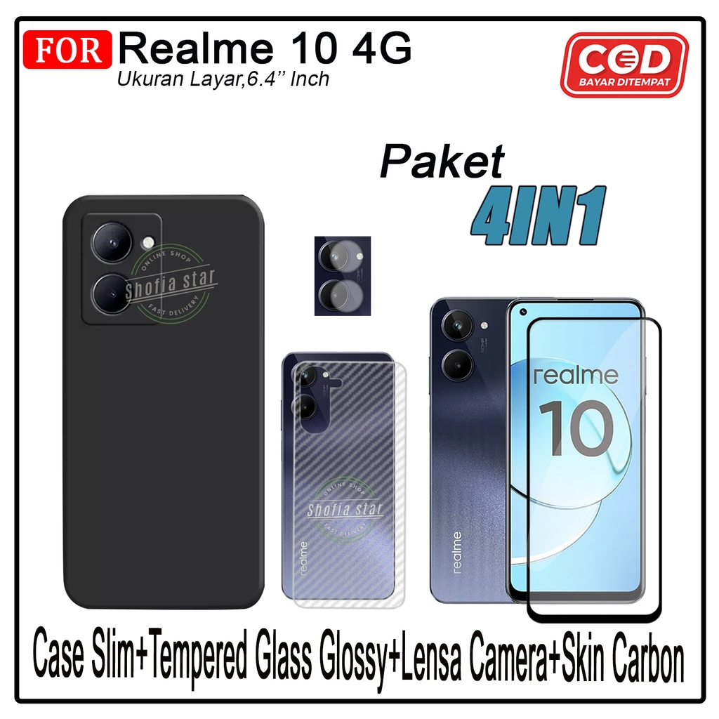 PAKET 4IN1 Case Realme 10 4G Softcase Slim Black Premium Casing Protect Camera