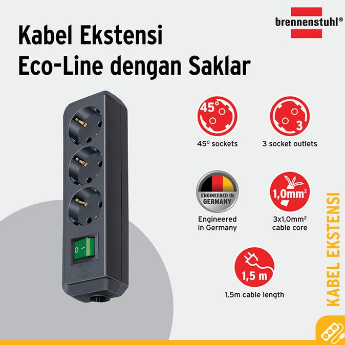 Brennenstuhl Eco-Line Stop Kontak 3-Soket Hitam 1,5m - Model 9123020009