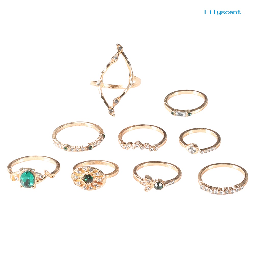 [LS]9Pcs /Set Lady Hollow Belah Ketupat Oval Berlian Imitasi Pembukaan Susun Knuckle Midi Ring