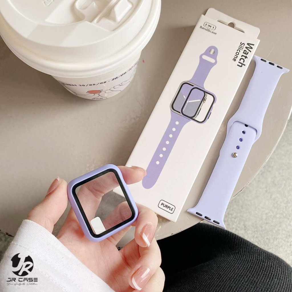 Tali Strap Apple Watch 2 in 1 Ukuran 38mm 40mm 41mm 42mm 44mm 45mm Series 1 2 3 4 5 6 7 8 SE Beserta Tempered Glass Case Strap Sport Band iwatch Full Color Silicone Rubber