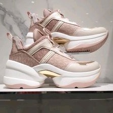 Michael Kors Sepatu Wanita Original Olympia Trainer Metallic Leather and Glitter Chain-Mesh Woman Wo