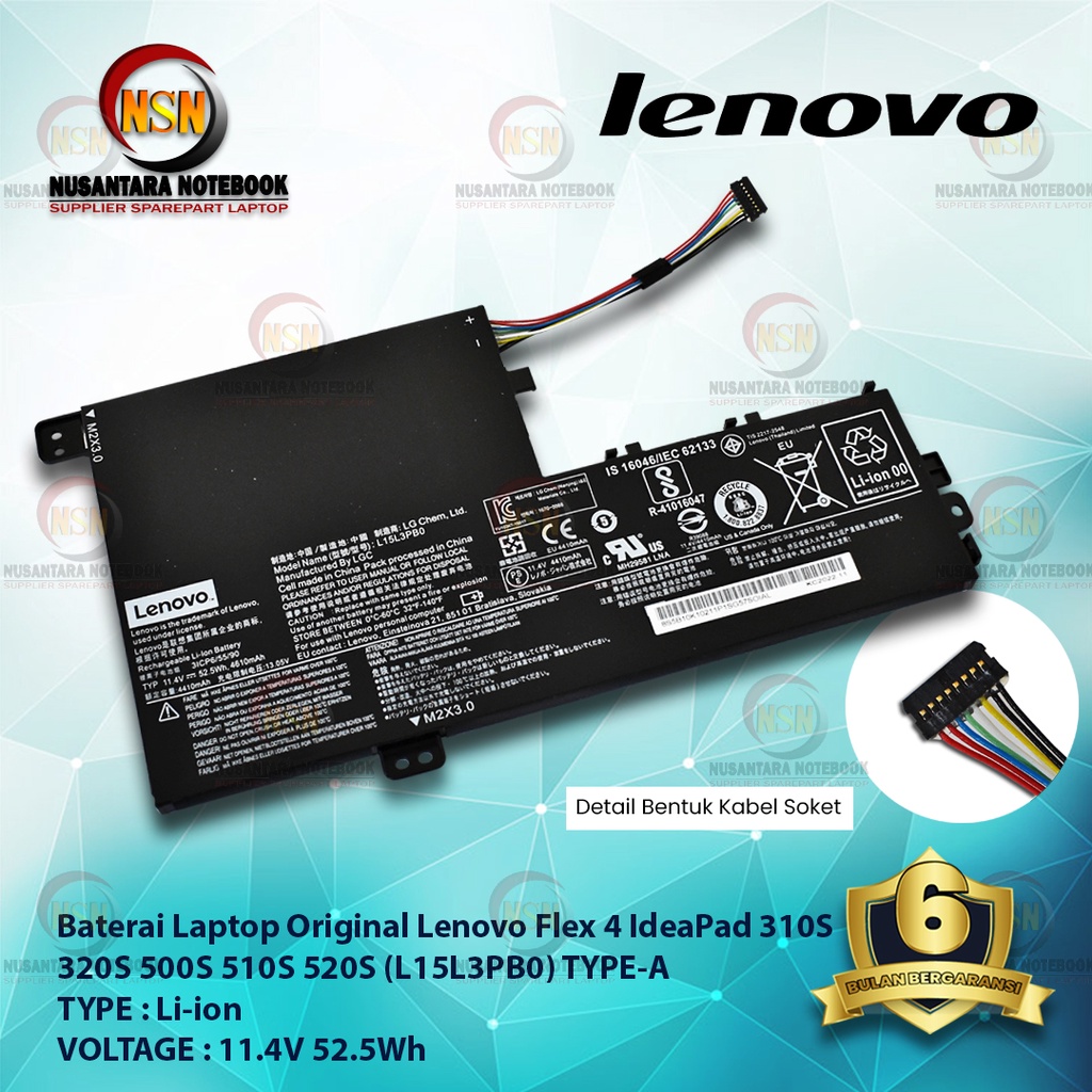 Baterai Original Lenovo Flex 4 310S 320S 11.4V 52.5Wh L15L3PB0 Type-A