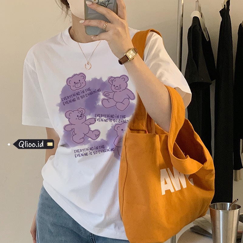 Print T-shirt Kaos Lengan Pendek Cute Purple Bear Oversize Korean Style