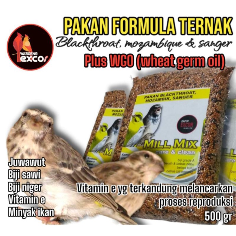 pakan burung blackthrut, sanger, mozambix formula pakan ternak mill mix blackthroat excor 500gr