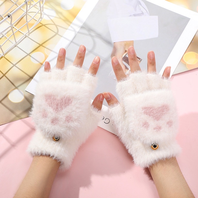 Sarung tangan bulu wanita winter gloves woman women import hangat lembut half finger fingerless 2in1 cat glove musim dingin paw kucing