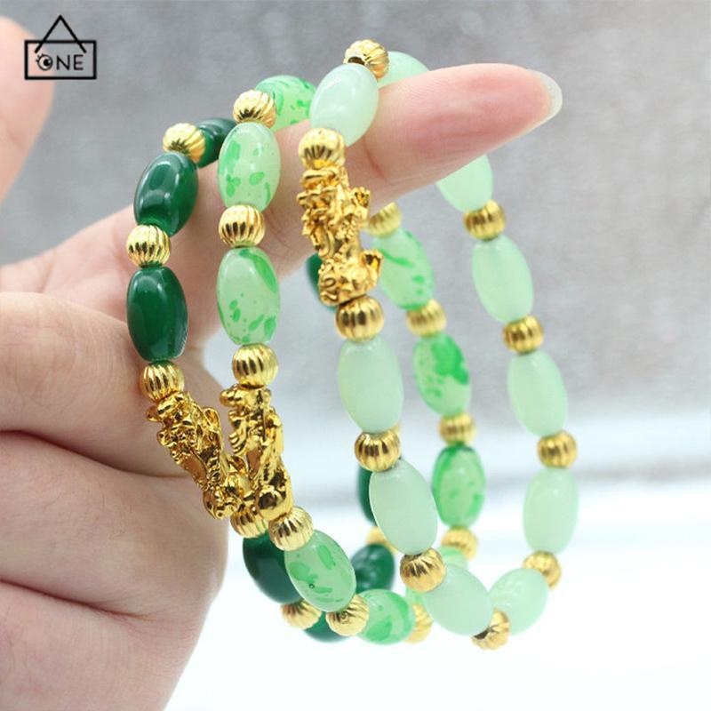 COD❤️Gelang Batu Akik Giok Oval Wanita Gelang Manik-manik Emas Keras Emas Pixiu Beruntung-A.one