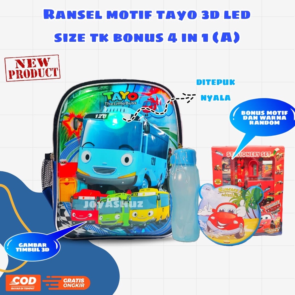 Tas Anak Laki Laki Karakter Tayy@ Gratis Bonus - Tas 3D - Ransel Anak Laki-laki - Ransel Anak SD TK  - T@yo  3 Dimensi - Tas Gratis Botol -  Tas Sekolah Anak - Tas Dorong Lucu - Joyashuz