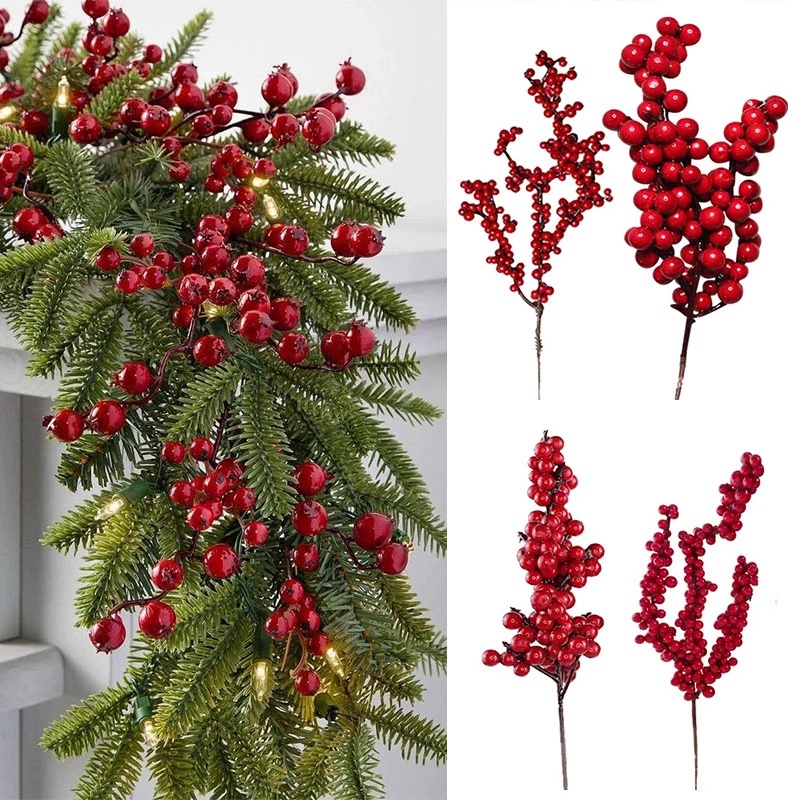 New Year Christmas Decor Home Vase Red Holly Berries Flowers Artificial Flower Bouquet DIY Garland Berry Bouquet Untuk Kantor, Hotel, Festival Natal Pesta Dekorasi Rumah